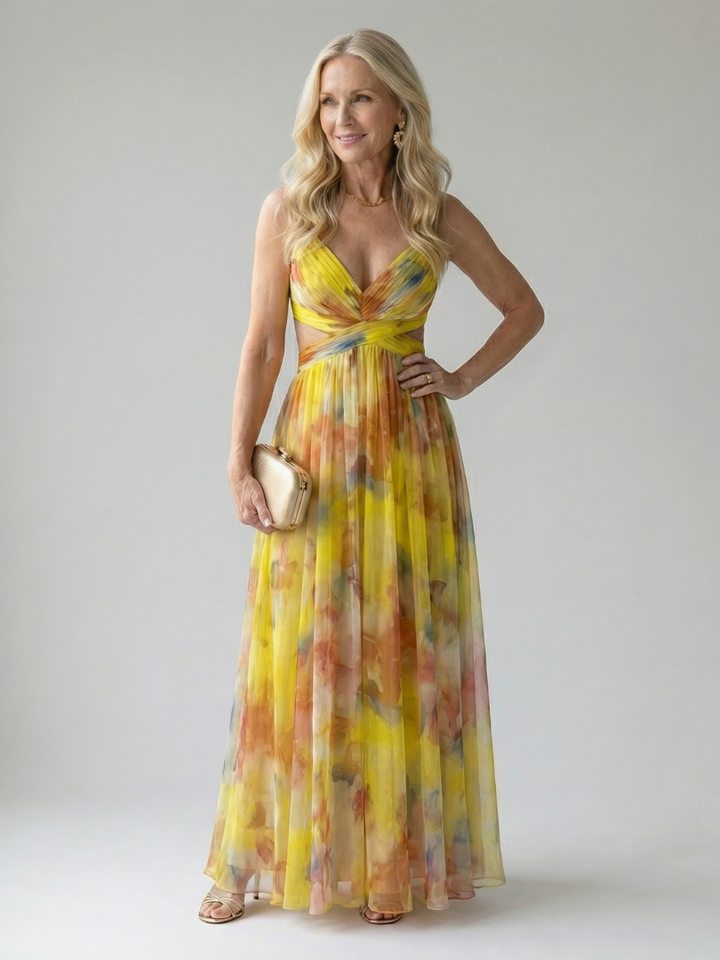 Damen Trägerkleid Maxi Kleid mit Kreuzausschnitt und Aquarelldruck