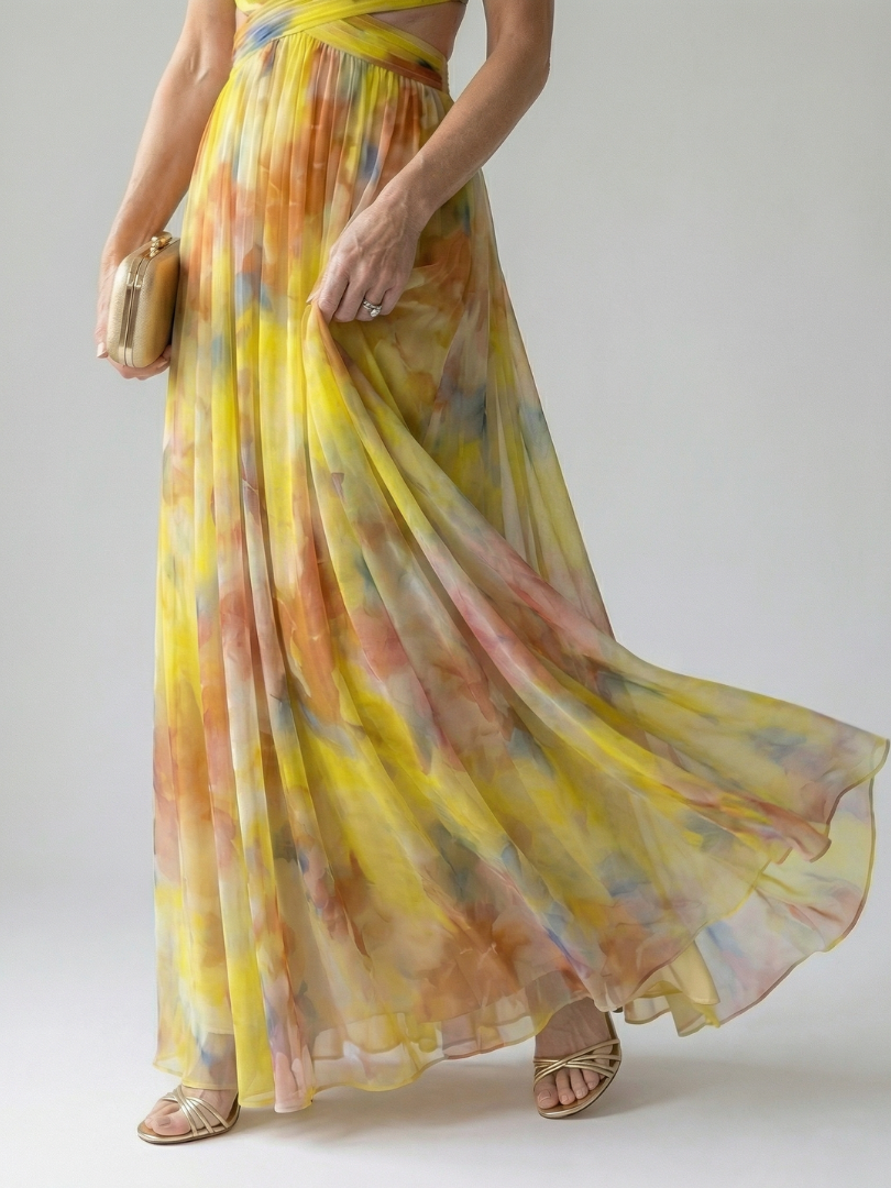 Damen Trägerkleid Maxi Kleid mit Kreuzausschnitt und Aquarelldruck