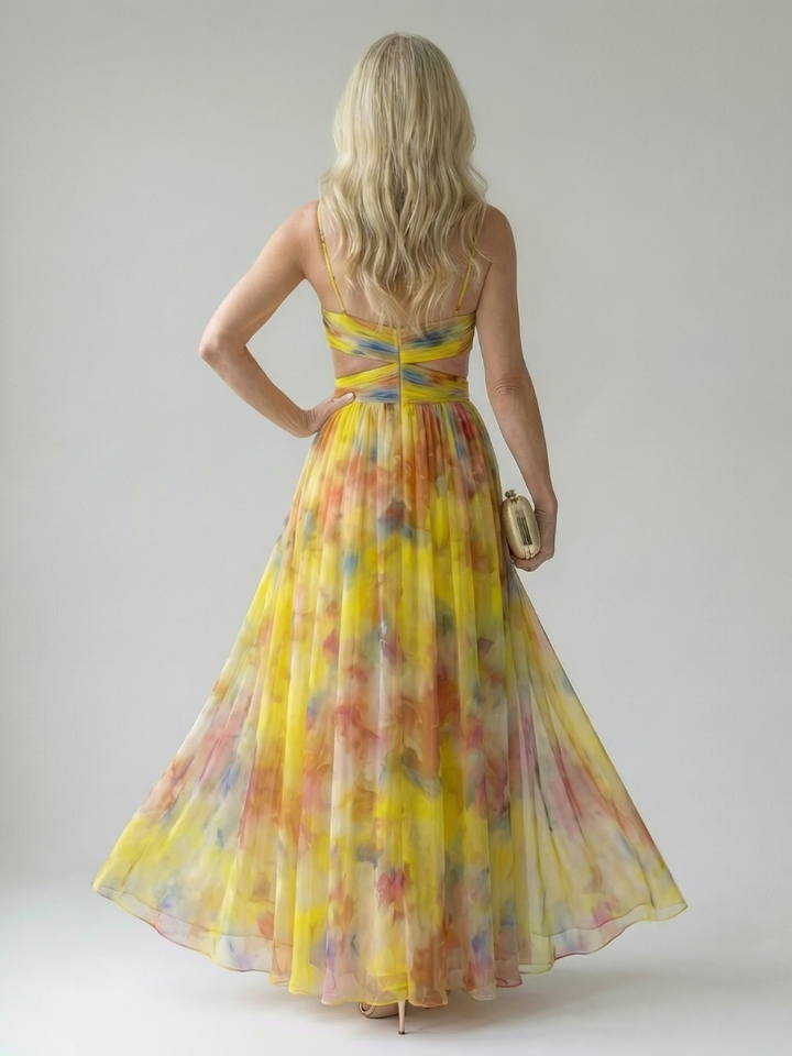 Damen Trägerkleid Maxi Kleid mit Kreuzausschnitt und Aquarelldruck