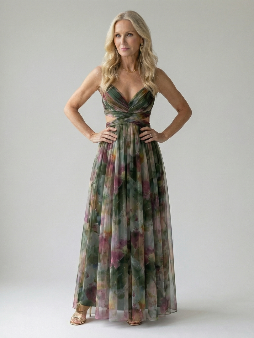 Damen Trägerkleid Maxi Kleid mit Kreuzausschnitt und Aquarelldruck