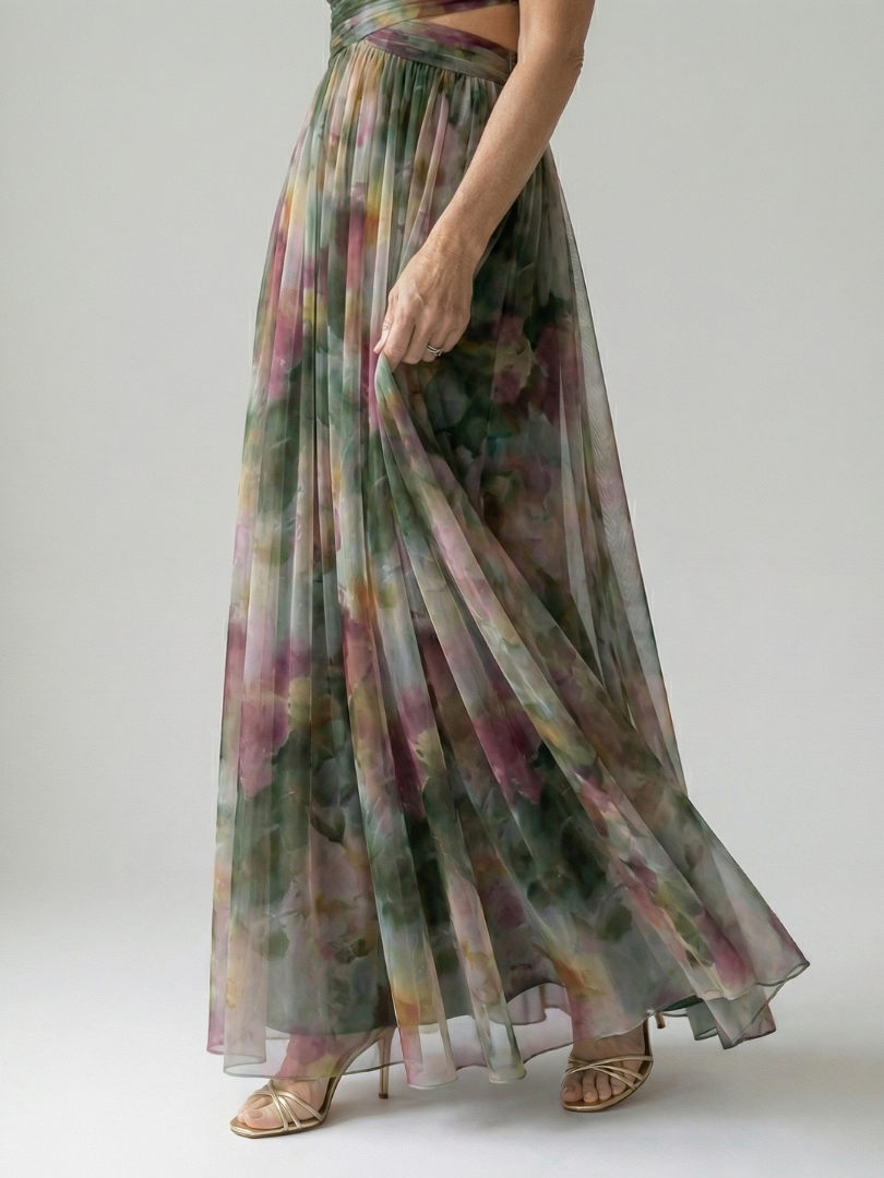 Damen Trägerkleid Maxi Kleid mit Kreuzausschnitt und Aquarelldruck