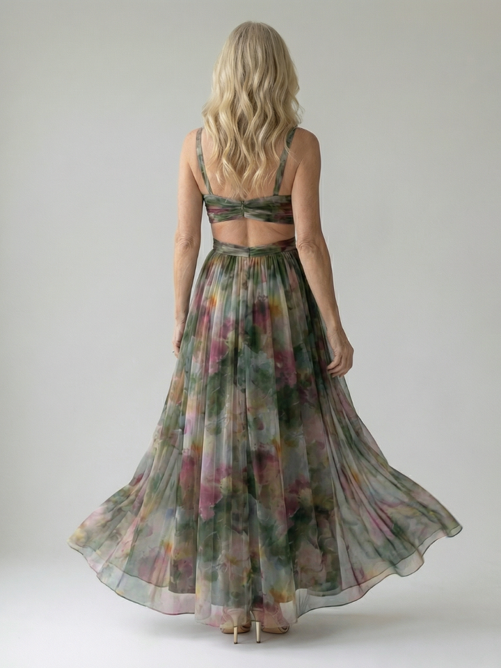 Damen Trägerkleid Maxi Kleid mit Kreuzausschnitt und Aquarelldruck