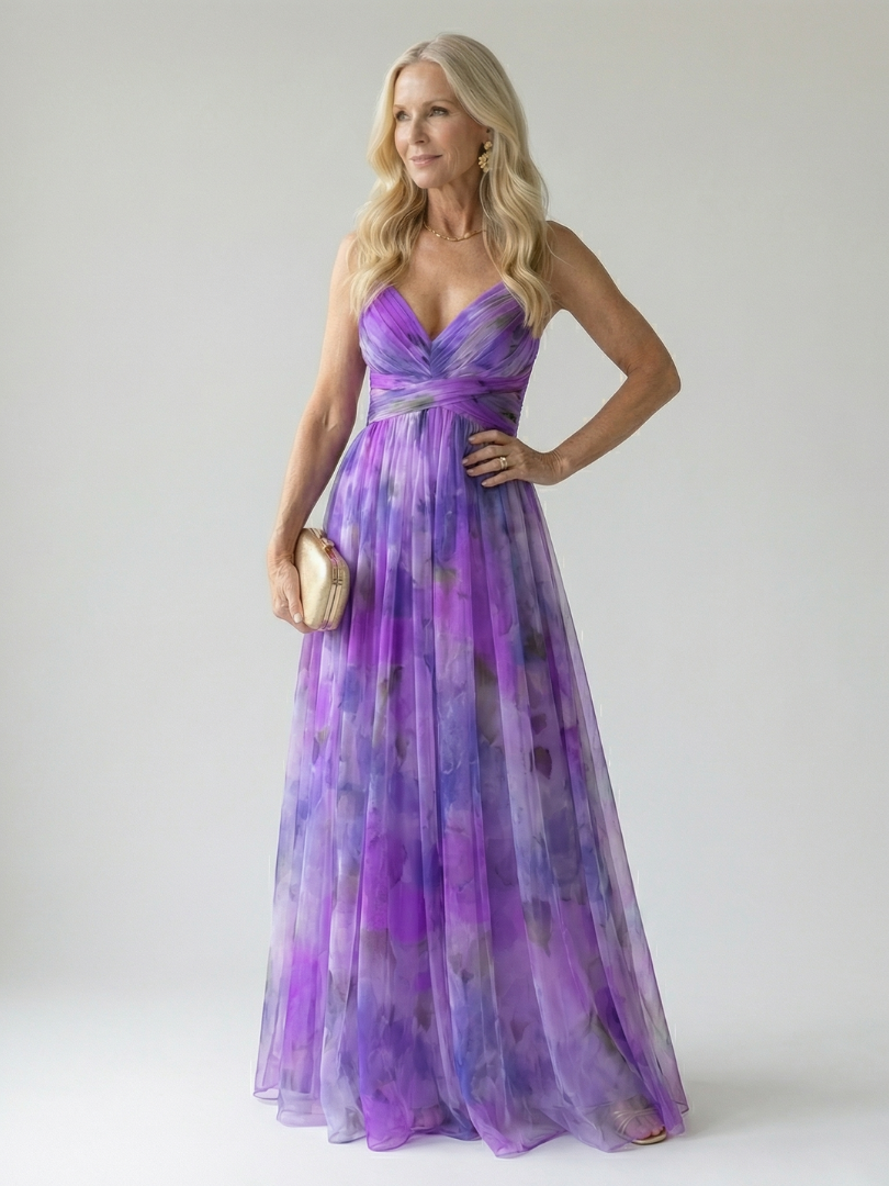 Damen Trägerkleid Maxi Kleid mit Kreuzausschnitt und Aquarelldruck