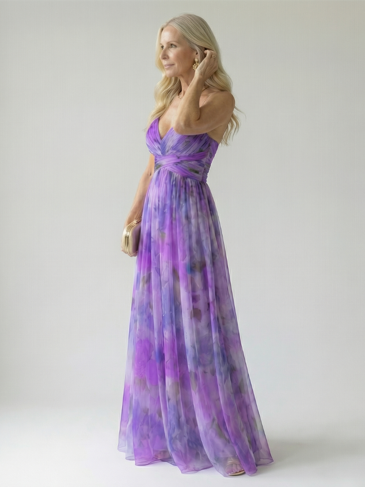 Damen Trägerkleid Maxi Kleid mit Kreuzausschnitt und Aquarelldruck