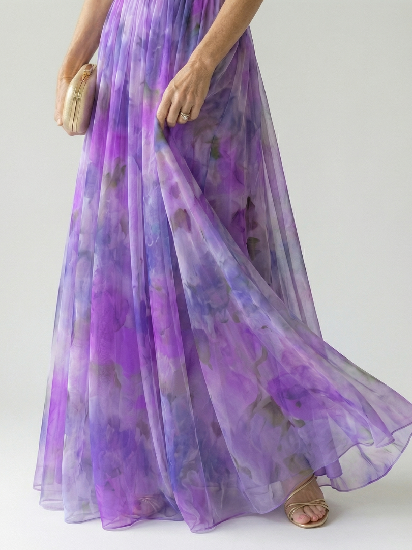 Damen Trägerkleid Maxi Kleid mit Kreuzausschnitt und Aquarelldruck