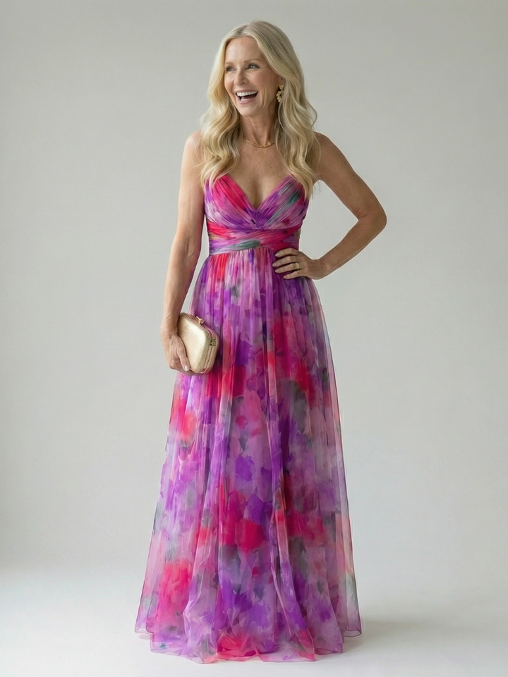 Damen Trägerkleid Maxi Kleid mit Kreuzausschnitt und Aquarelldruck
