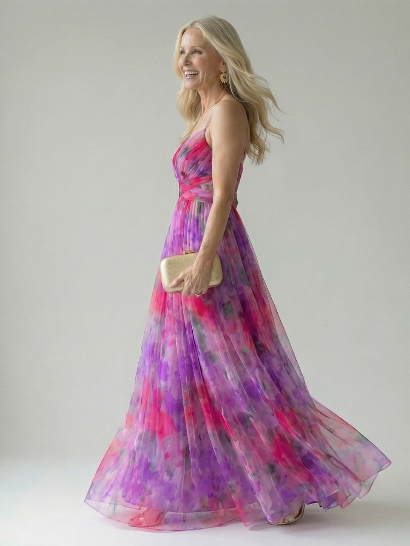 Damen Trägerkleid Maxi Kleid mit Kreuzausschnitt und Aquarelldruck