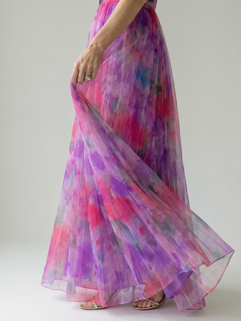 Damen Trägerkleid Maxi Kleid mit Kreuzausschnitt und Aquarelldruck