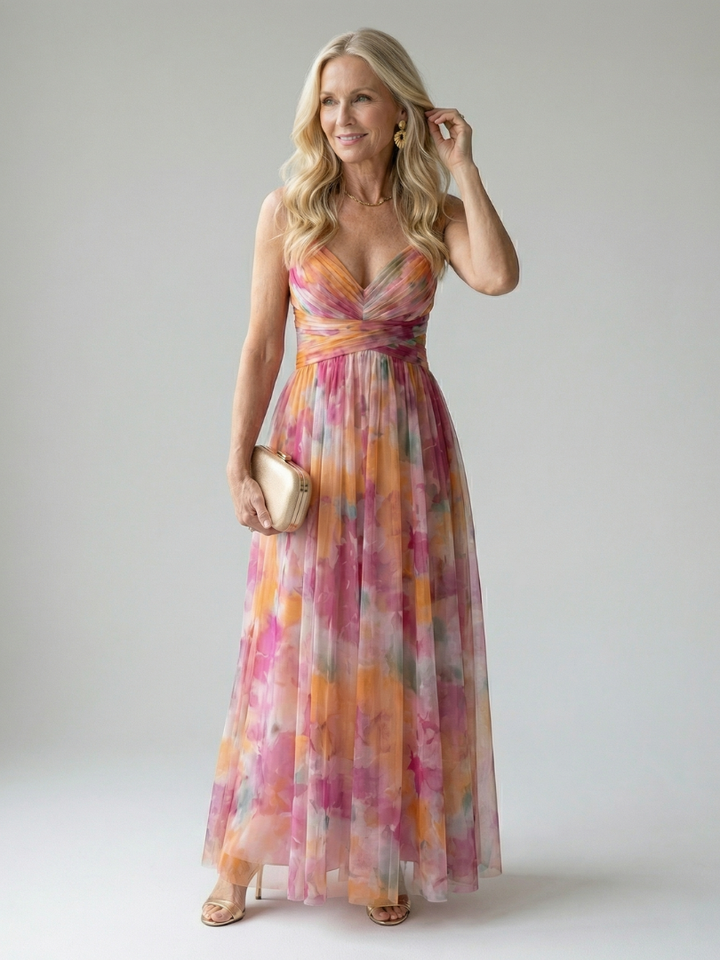 Damen Trägerkleid Maxi Kleid mit Kreuzausschnitt und Aquarelldruck