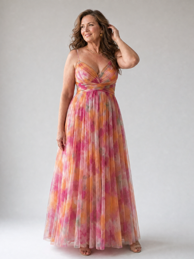 Damen Trägerkleid Maxi Kleid mit Kreuzausschnitt und Aquarelldruck