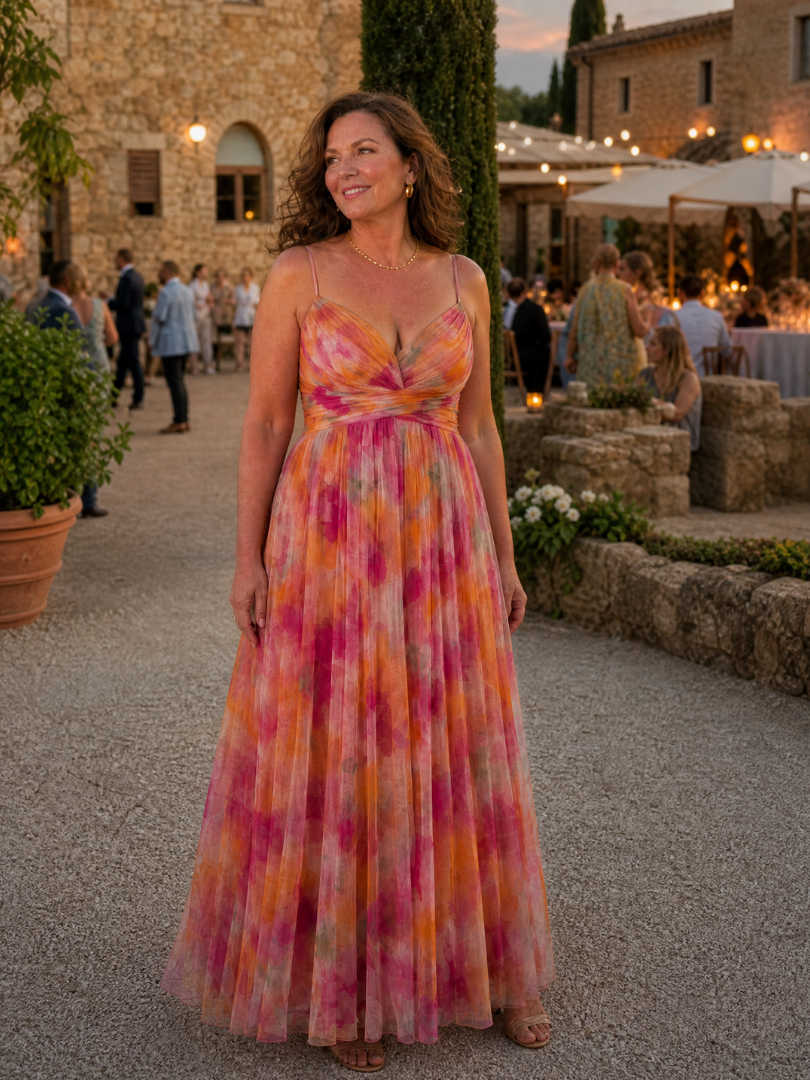 Damen Trägerkleid Maxi Kleid mit Kreuzausschnitt und Aquarelldruck