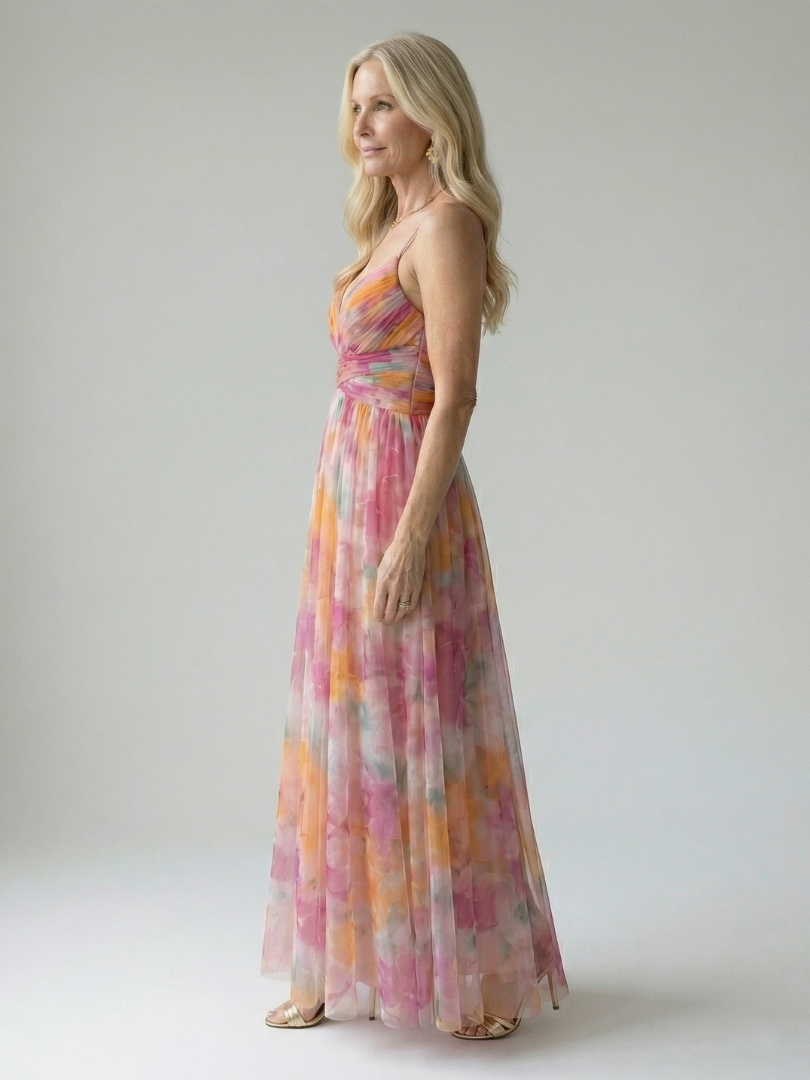 Damen Trägerkleid Maxi Kleid mit Kreuzausschnitt und Aquarelldruck