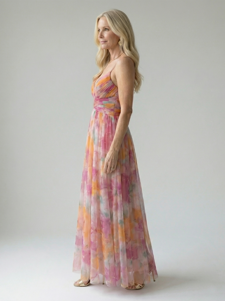 Damen Trägerkleid Maxi Kleid mit Kreuzausschnitt und Aquarelldruck