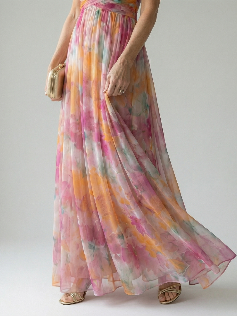 Damen Trägerkleid Maxi Kleid mit Kreuzausschnitt und Aquarelldruck