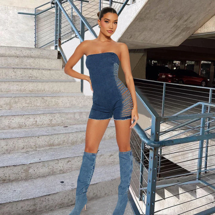 Dames Strapless Denim Jumpsuit met Zijdelingse Franje-Uitsnijdingen en Ritssluiting