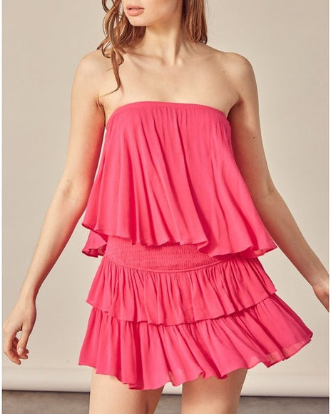 Dames strapless korte jumpsuit met ruches en elastische tailleband