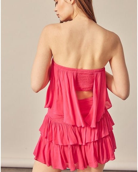 Dames strapless korte jumpsuit met ruches en elastische tailleband