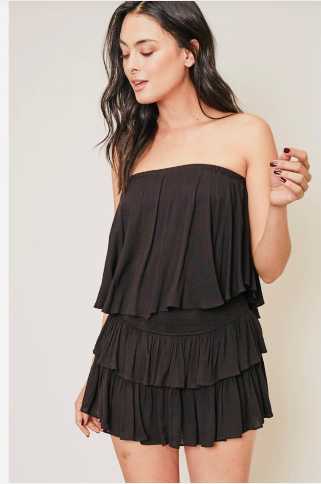 Dames strapless korte jumpsuit met ruches en elastische tailleband