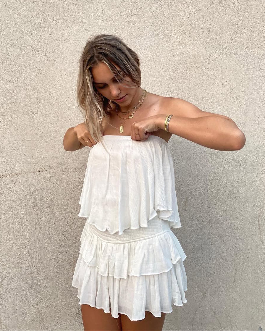 Dames strapless korte jumpsuit met ruches en elastische tailleband