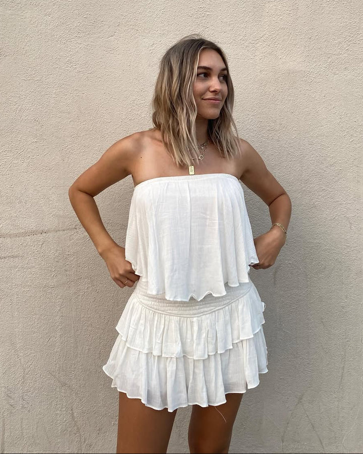 Dames strapless korte jumpsuit met ruches en elastische tailleband