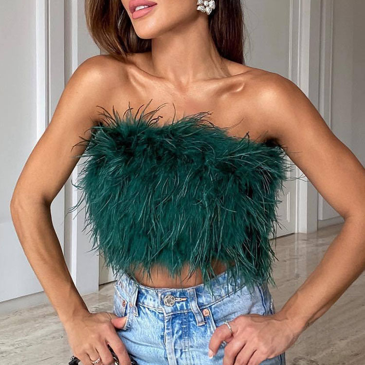 Dames strapless bandeau top met veren en kort model