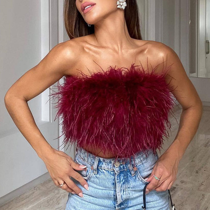 Dames strapless bandeau top met veren en kort model