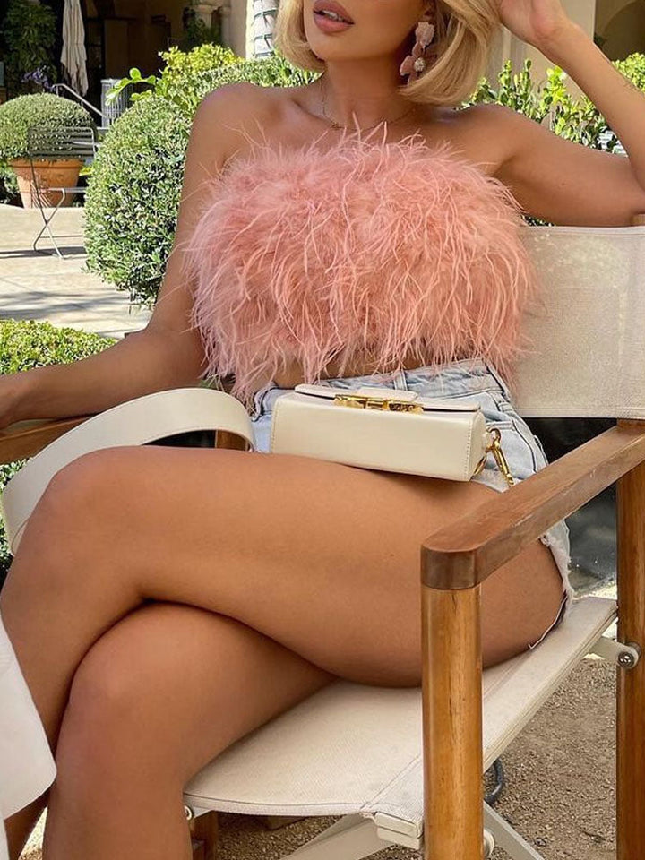 Dames strapless bandeau top met veren en kort model