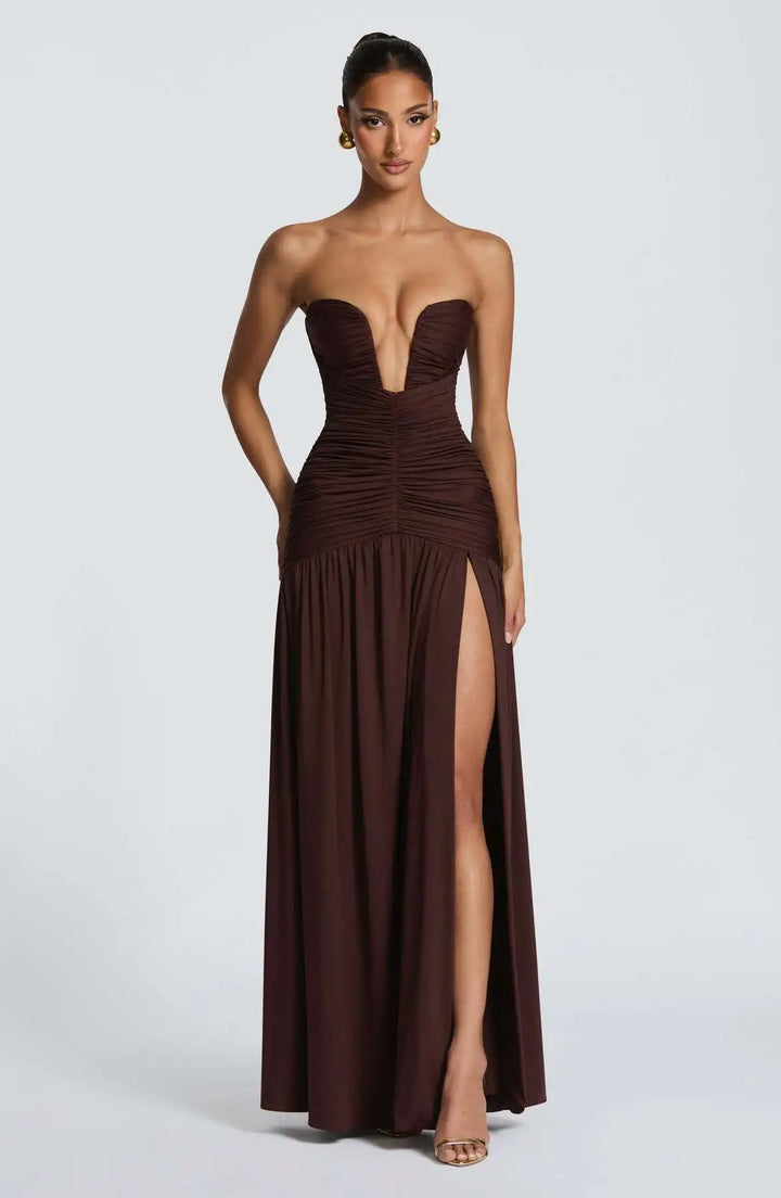 Dames strapless maxi-jurk met diepe V-hals en geplooid lijfje met split