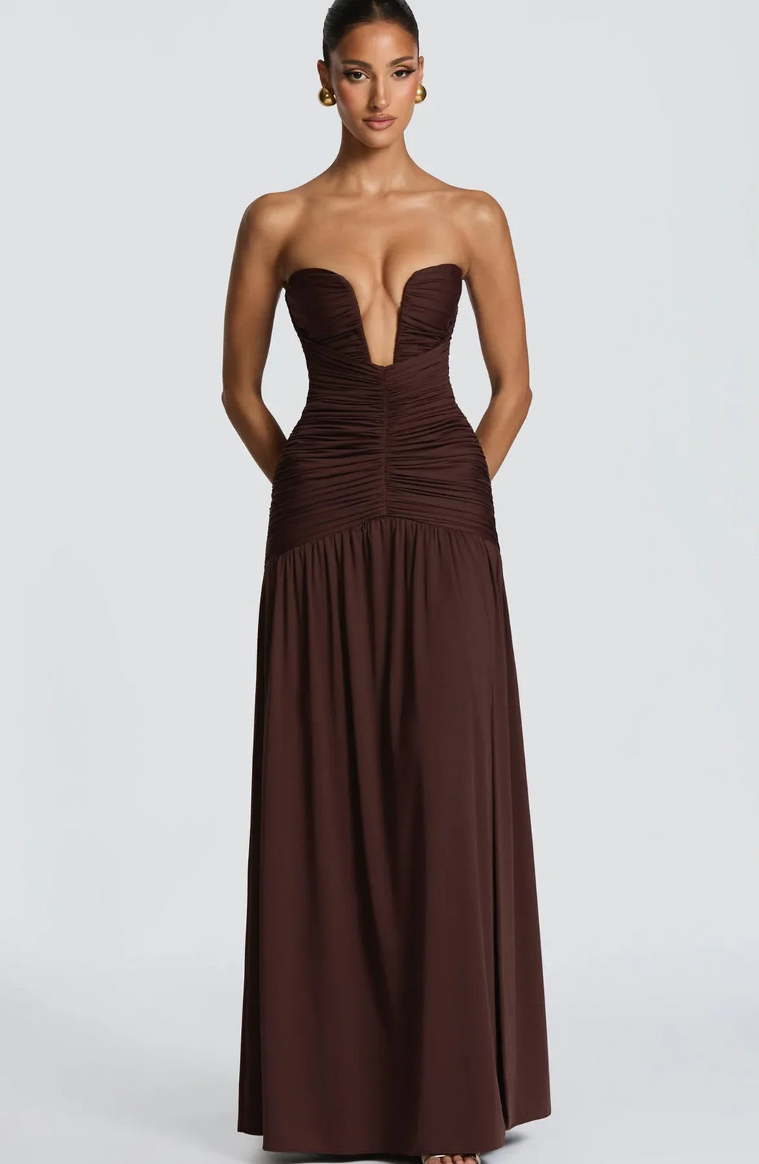 Dames strapless maxi-jurk met diepe V-hals en geplooid lijfje met split
