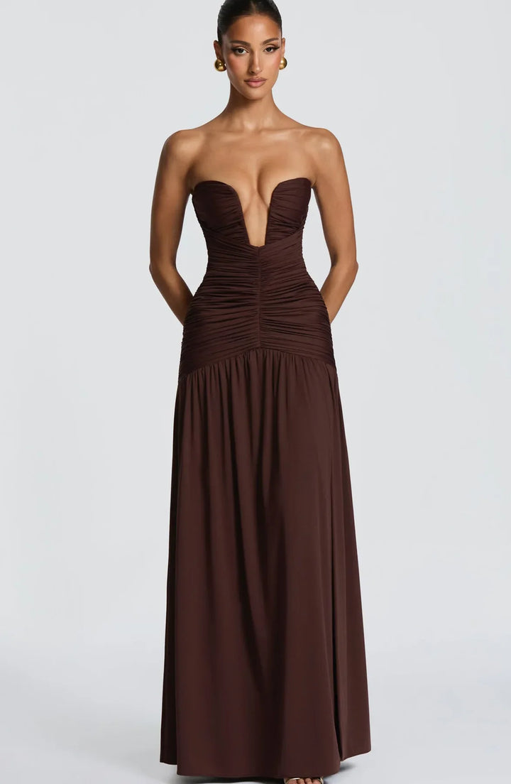 Dames strapless maxi-jurk met diepe V-hals en geplooid lijfje met split