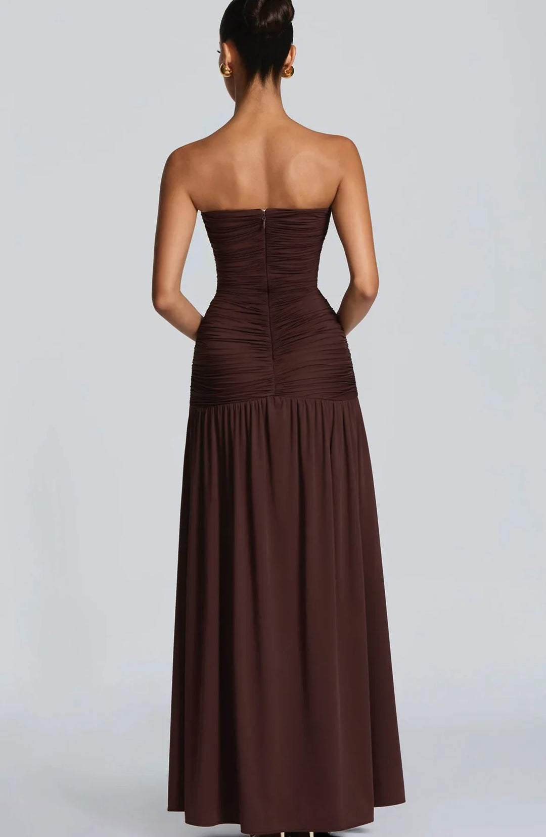 Dames strapless maxi-jurk met diepe V-hals en geplooid lijfje met split