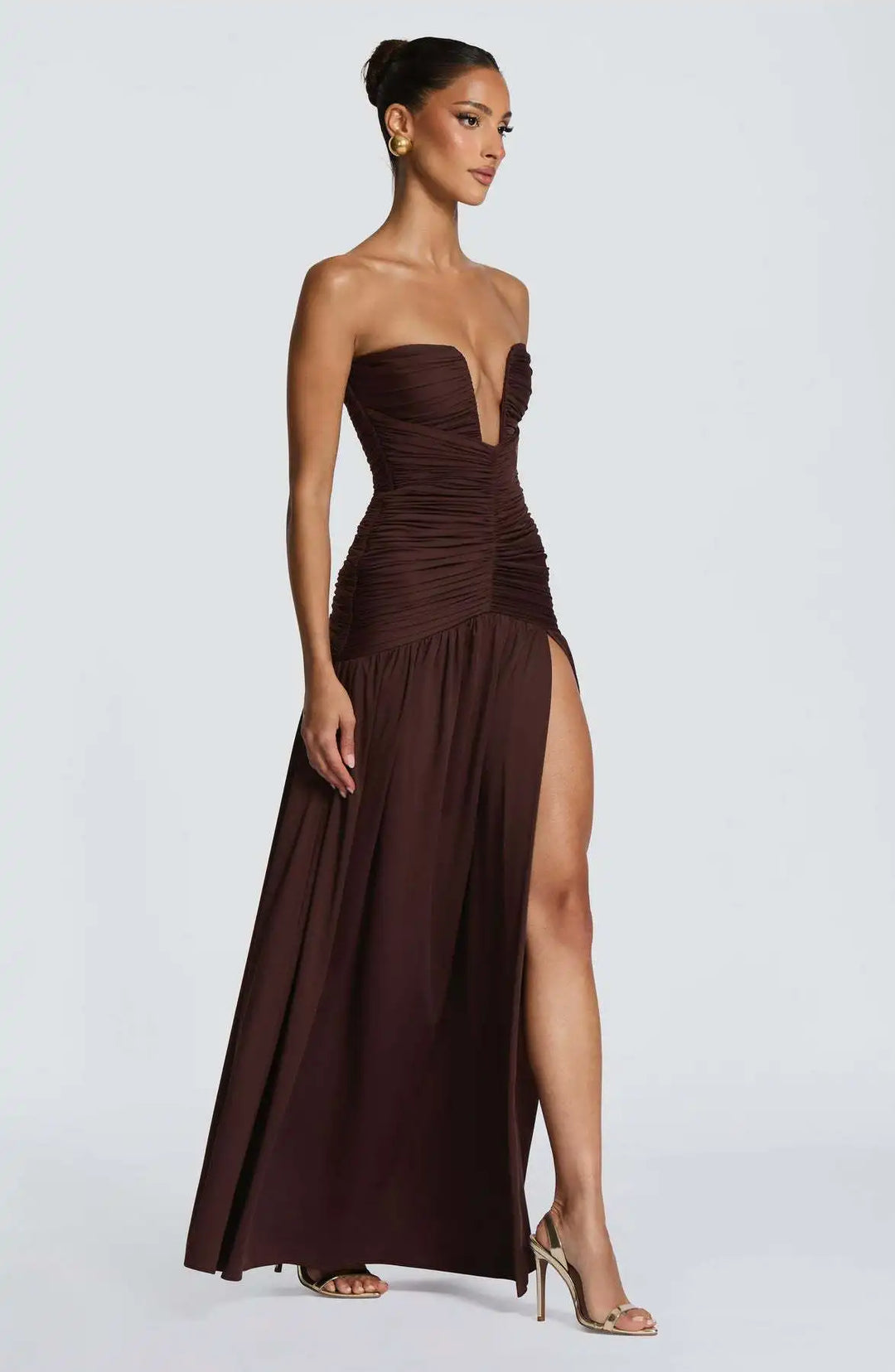 Dames strapless maxi-jurk met diepe V-hals en geplooid lijfje met split