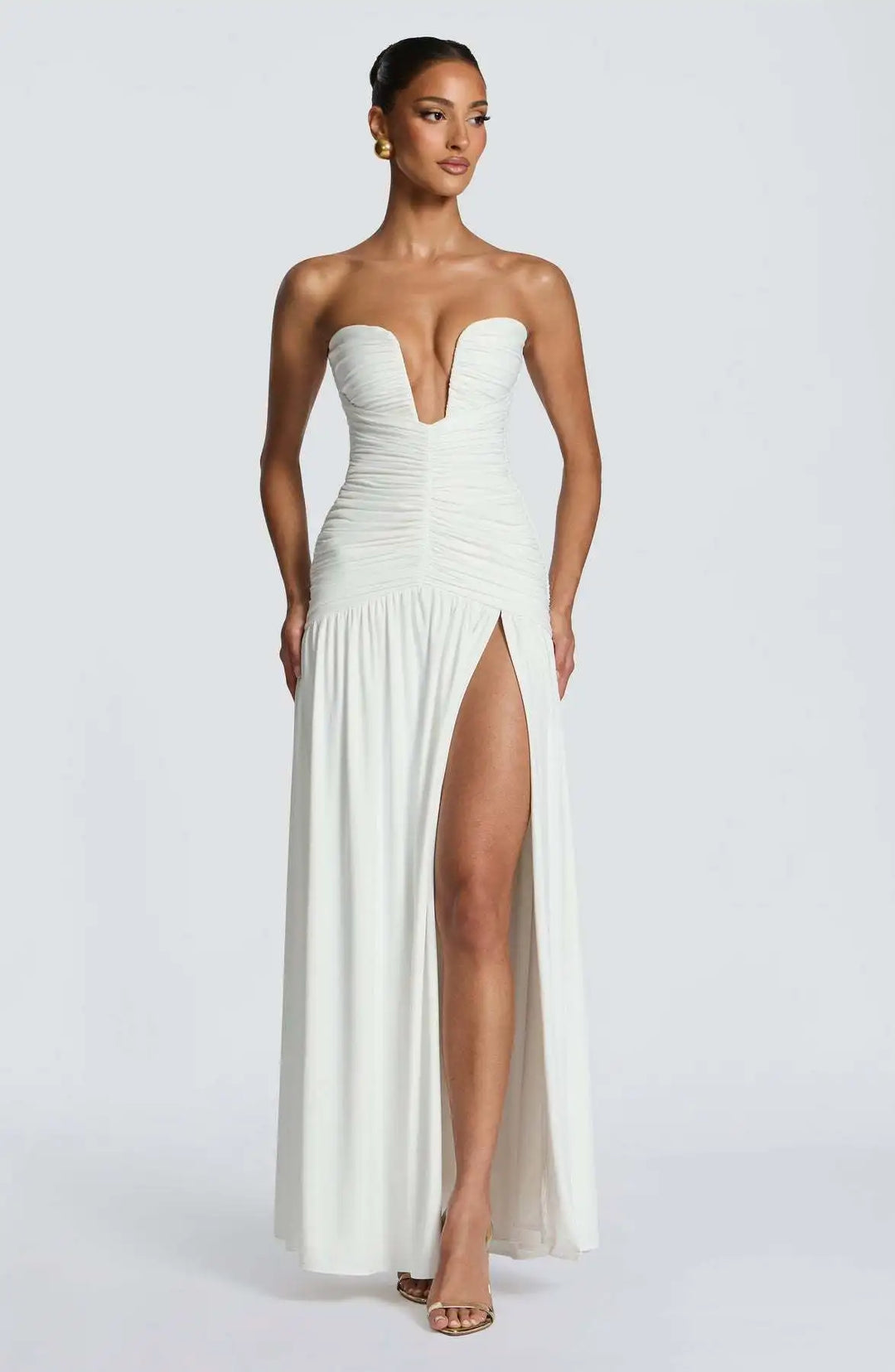 Dames strapless maxi-jurk met diepe V-hals en geplooid lijfje met split