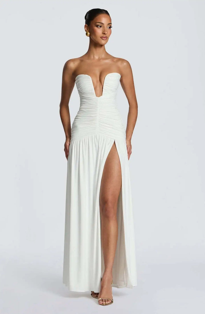 Dames strapless maxi-jurk met diepe V-hals en geplooid lijfje met split