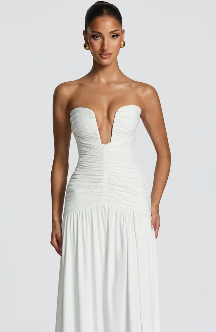 Dames strapless maxi-jurk met diepe V-hals en geplooid lijfje met split