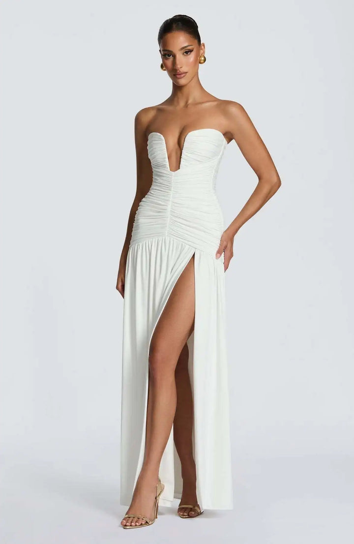 Dames strapless maxi-jurk met diepe V-hals en geplooid lijfje met split