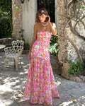 Dames strapless maxi-jurk met verlaagde taille en bloemenprint