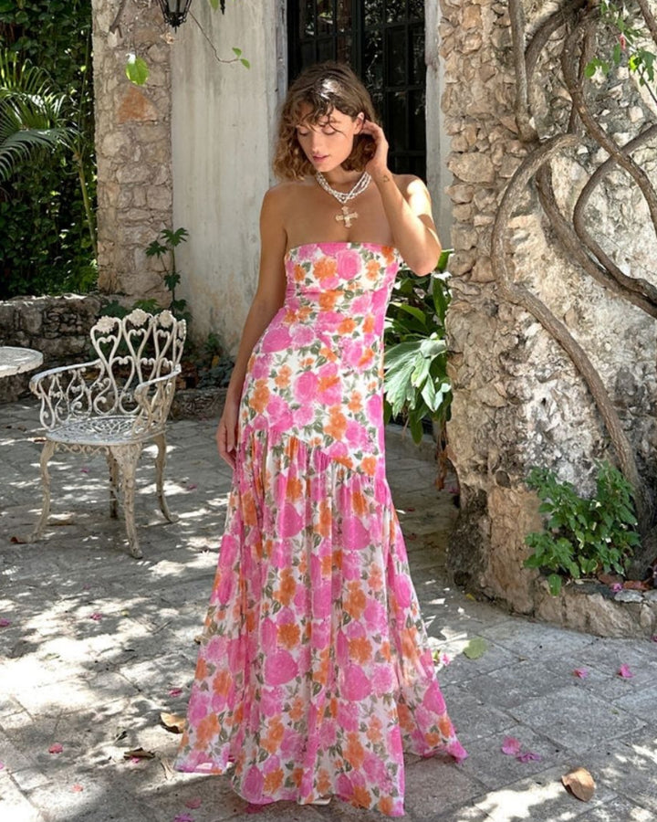 Dames strapless maxi-jurk met verlaagde taille en bloemenprint