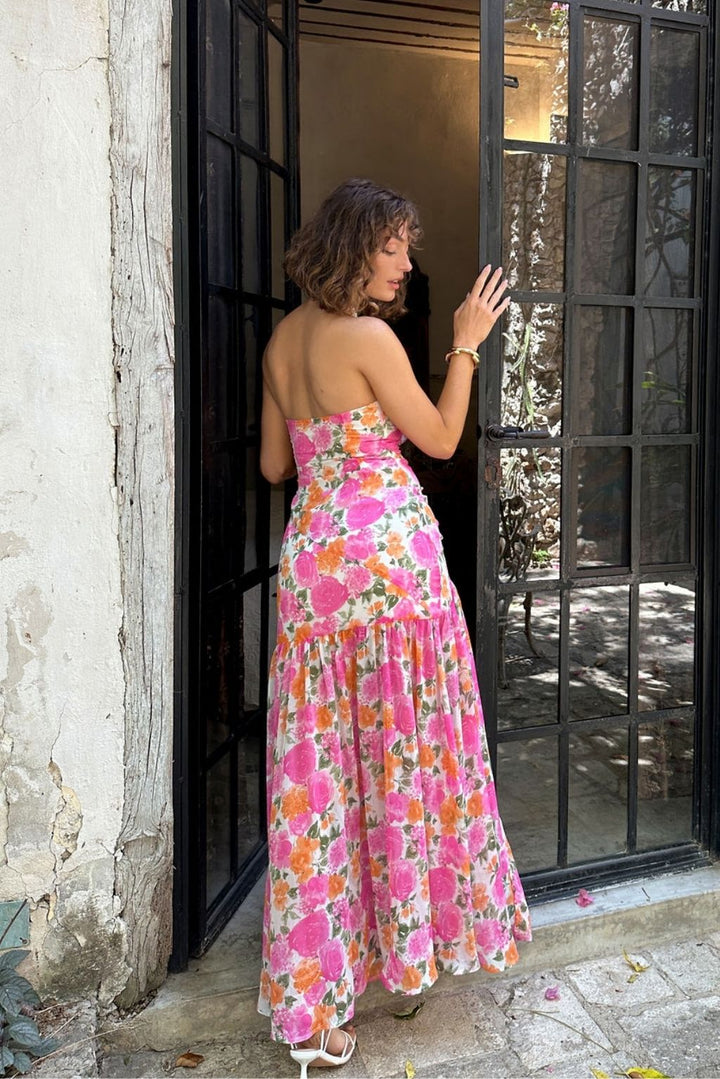 Dames strapless maxi-jurk met verlaagde taille en bloemenprint