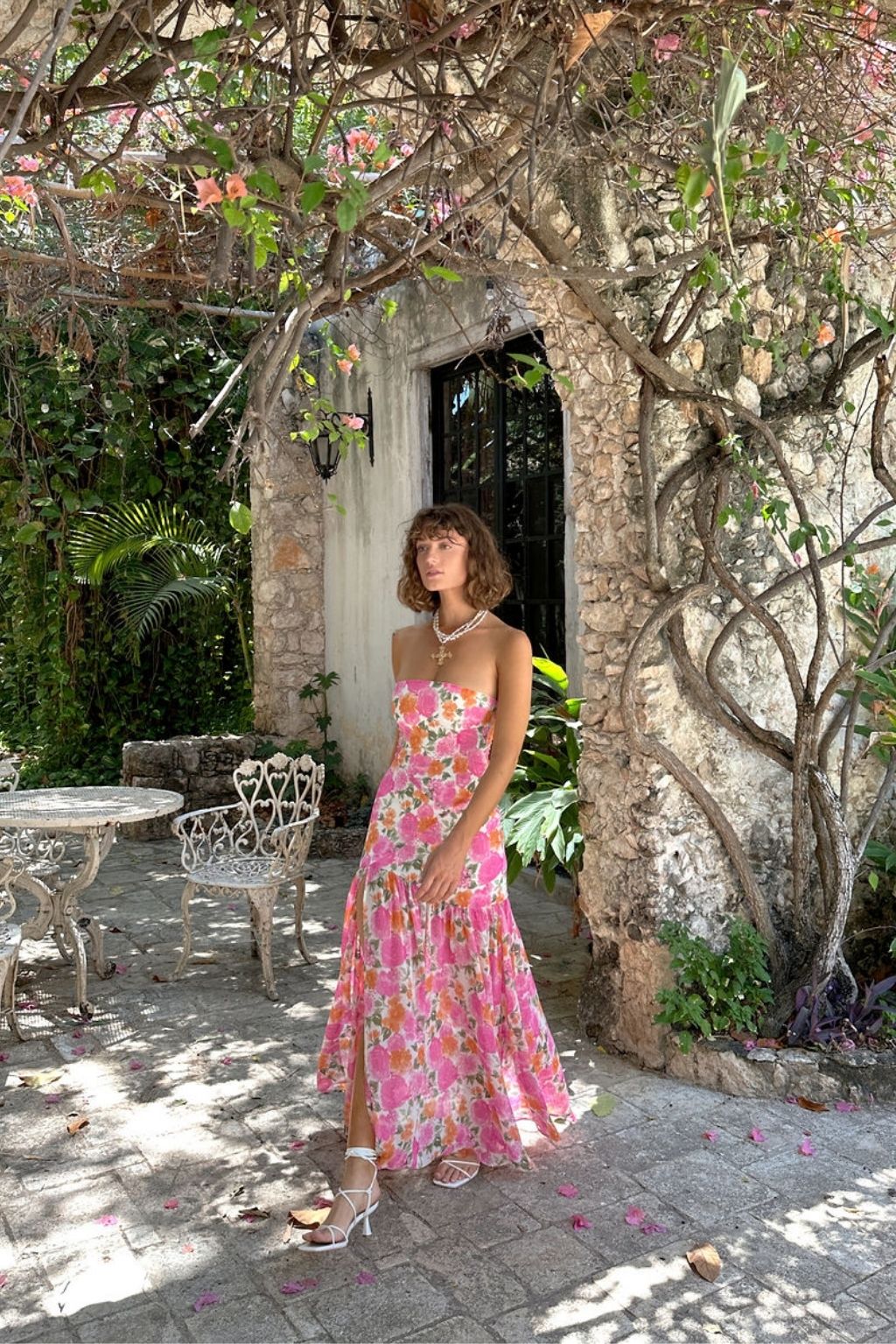 Dames strapless maxi-jurk met verlaagde taille en bloemenprint