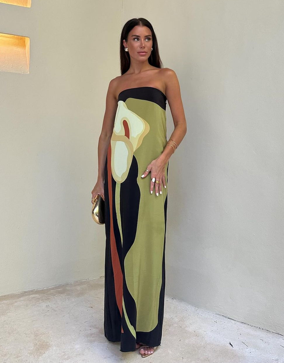 Damen Trägerloses Maxikleid mit Abstraktem Muster und Geradem Ausschnitt