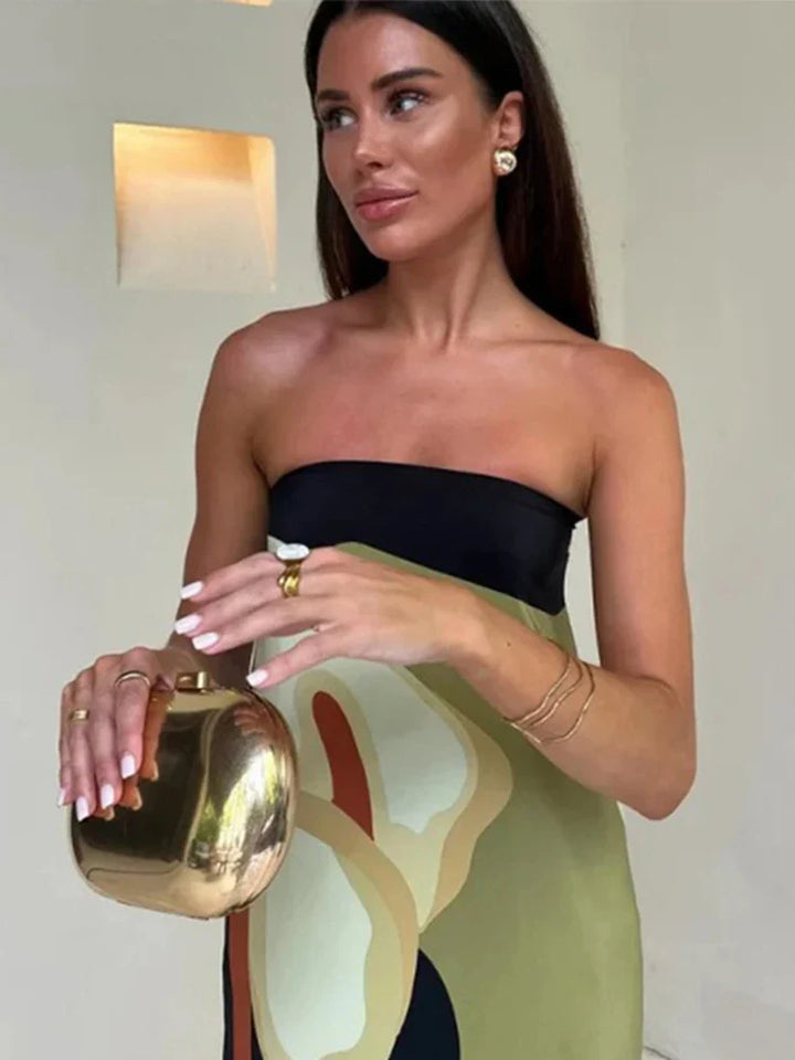 Damen Trägerloses Maxikleid mit Abstraktem Muster und Geradem Ausschnitt