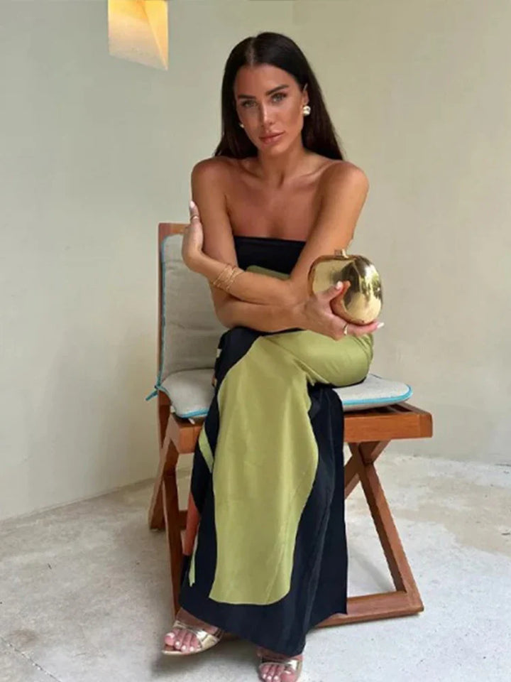 Damen Trägerloses Maxikleid mit Abstraktem Muster und Geradem Ausschnitt