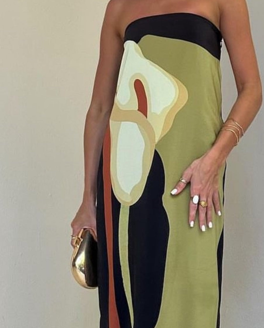 Damen Trägerloses Maxikleid mit Abstraktem Muster und Geradem Ausschnitt