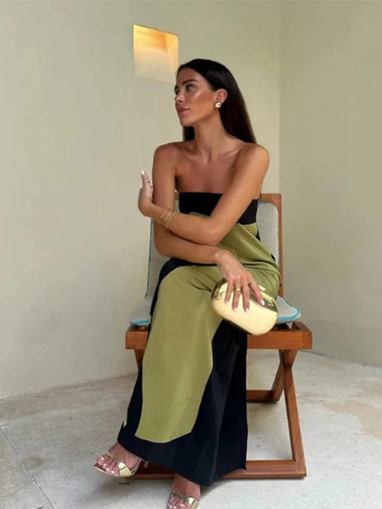 Damen Trägerloses Maxikleid mit Abstraktem Muster und Geradem Ausschnitt