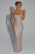 Dames strapless maxi-jurk met gedrapeerde halslijn en strass-steentjes