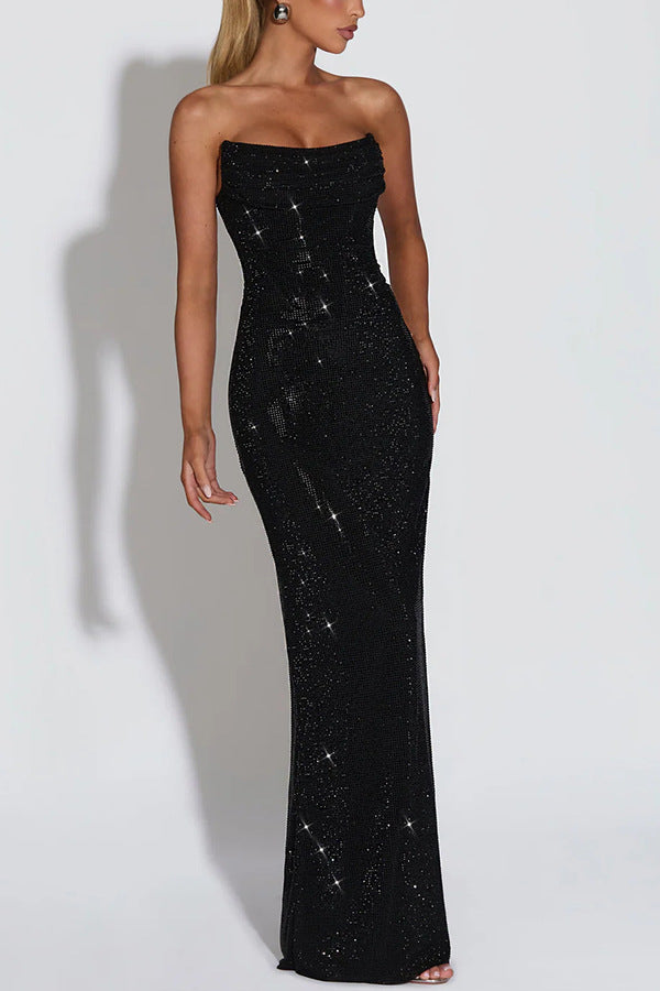 Dames strapless maxi-jurk met gedrapeerde halslijn en strass-steentjes