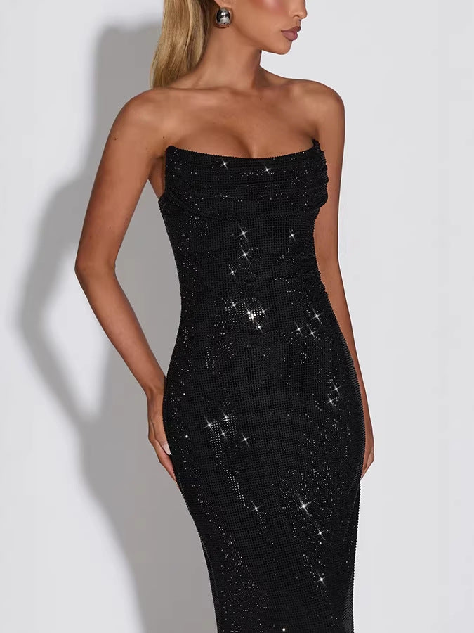 Dames strapless maxi-jurk met gedrapeerde halslijn en strass-steentjes