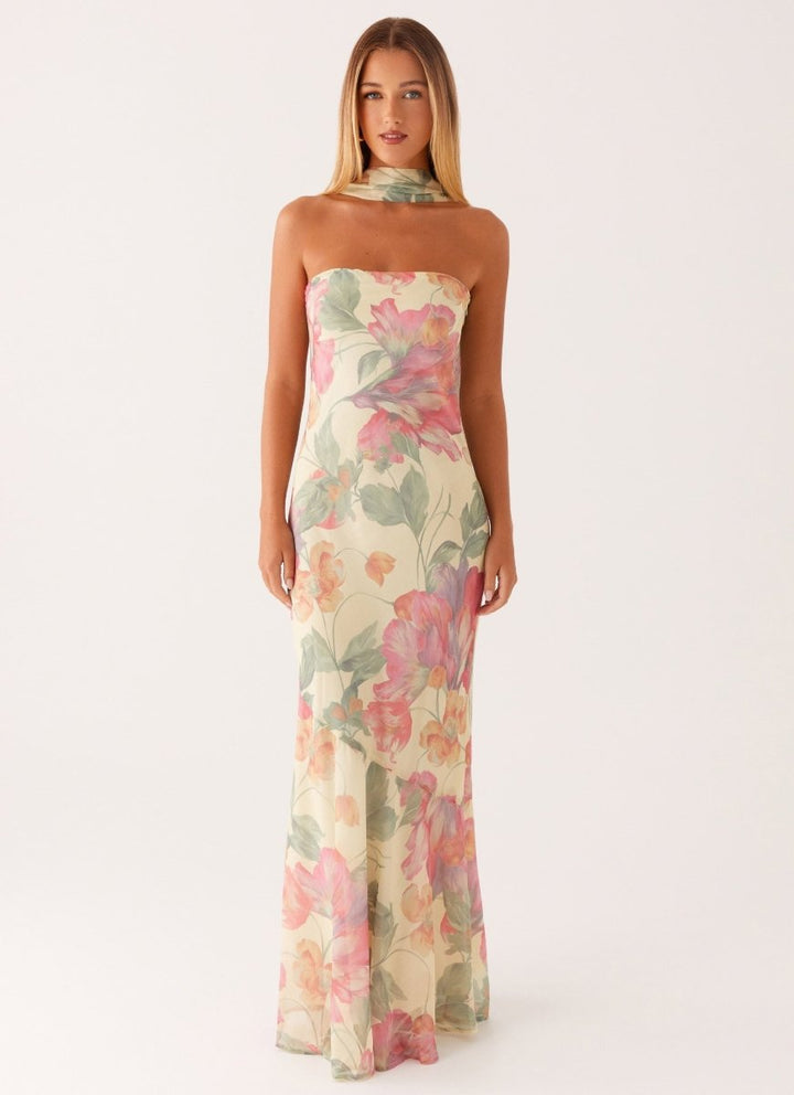 Dames strapless maxi-jurk met sjaal en grote bloemenprint