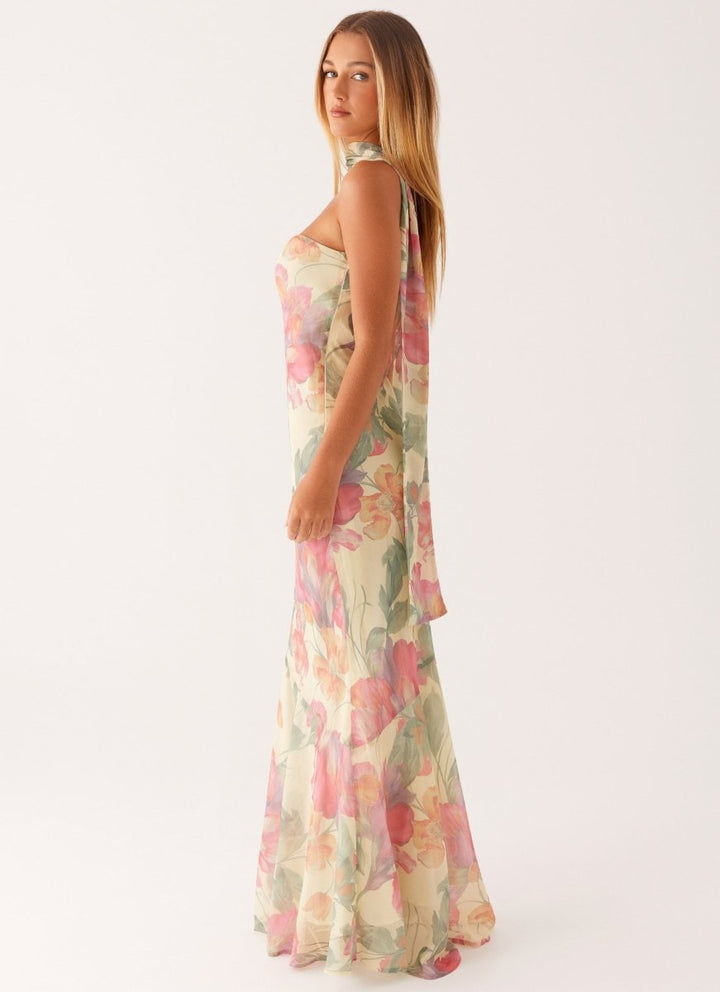 Dames strapless maxi-jurk met sjaal en grote bloemenprint